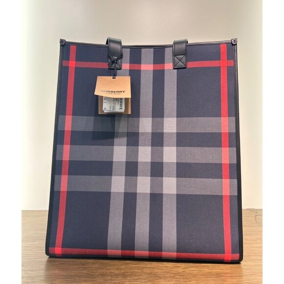 Burberry Unisex Medium Book Tote Check Bag Navy/Grey 8084058